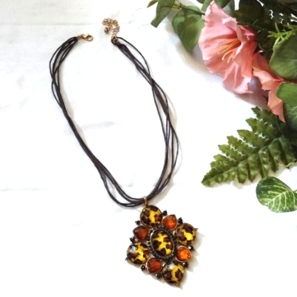 💥CLEARANCE💥VINTAGE BROWN CORDED LEOPARD RHINESTONE PENDANT 19" NECKLACE - Picture 1 of 6